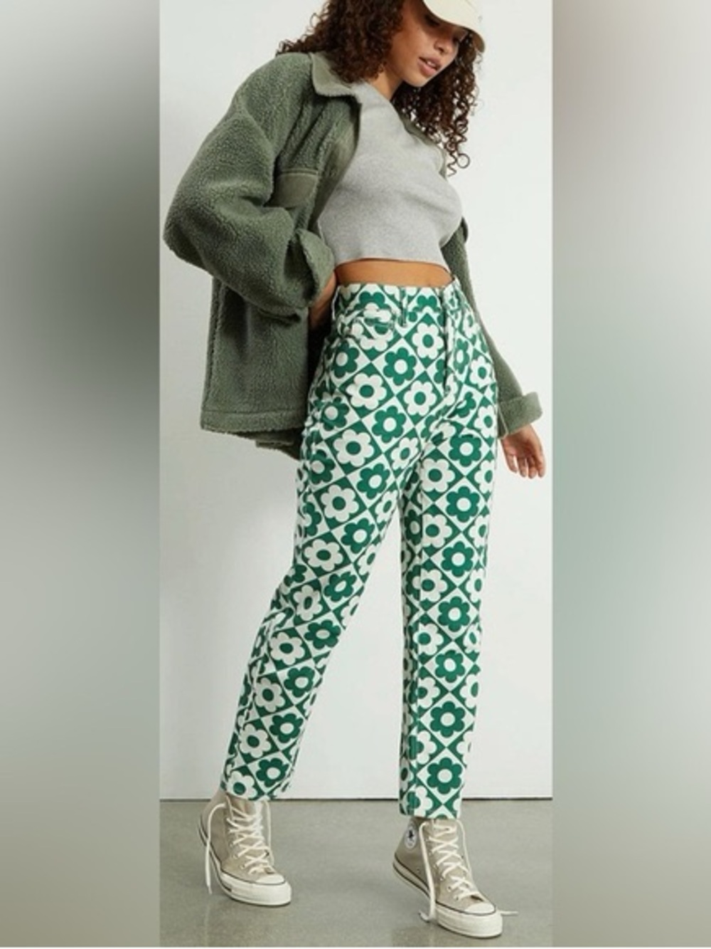 PacSun Green & White Floral Tile Straight Leg Pants